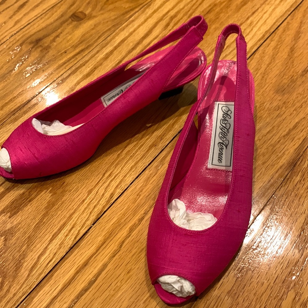Saks Fifth Avenue hot pink open toed silk pumps.